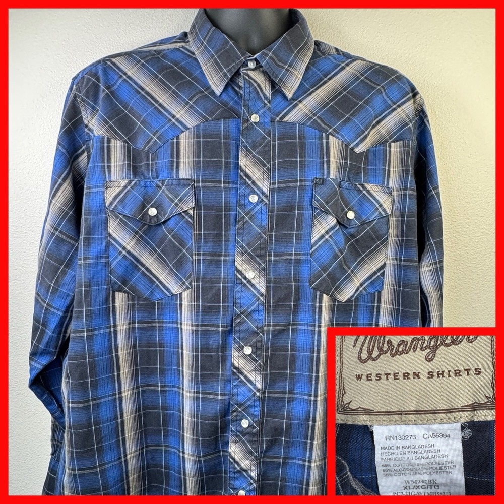 Wrangler Western Shirts Mens Long Sleeve Plaid Snap‎ Button Blue XL